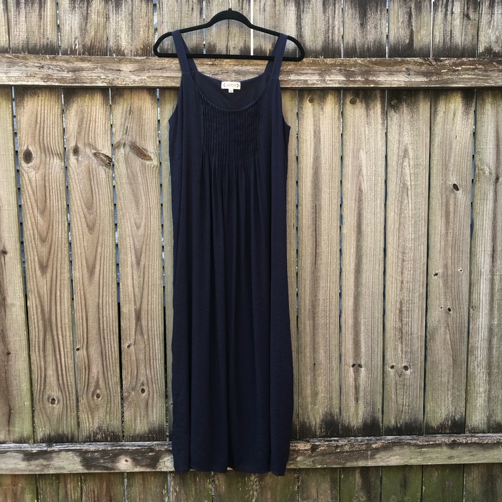 Nanette Lepore Pintuck Maxi Dress Size 12 Navy Breezy Sleeveless Sheer